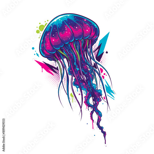 Vibrant vector illustration of a glowing jellyfish in a modern graffiti style. Features neon pink, purple, and teal colors with urban paint splatters, drips, and sharp geometric elements.