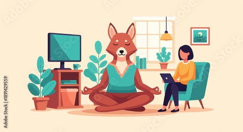 Anthropomorphic fox meditating while woman works on laptop in cozy room