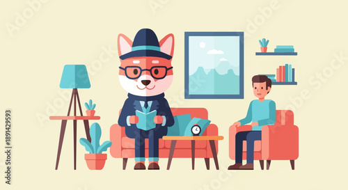 Anthropomorphic fox in suit reads book beside man in armchair in living room