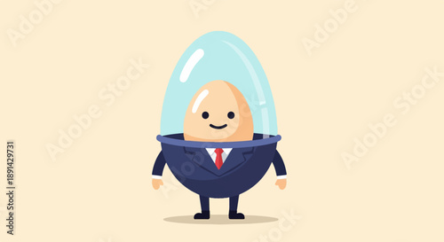 Anthropomorphic egg wearing a suit and tie, enclosed in a glass dome
