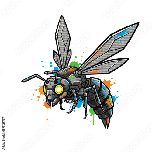 Futuristic vector illustration of a robotic wasp in an urban graffiti style. Features carbon fiber textures, glowing yellow eyes, and vibrant neon orange, green, and blue paint splatters.