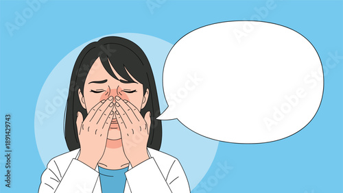 Young woman with closed eyes sneezing into her hands while standing next to a blank speech bubble for advice or messages.