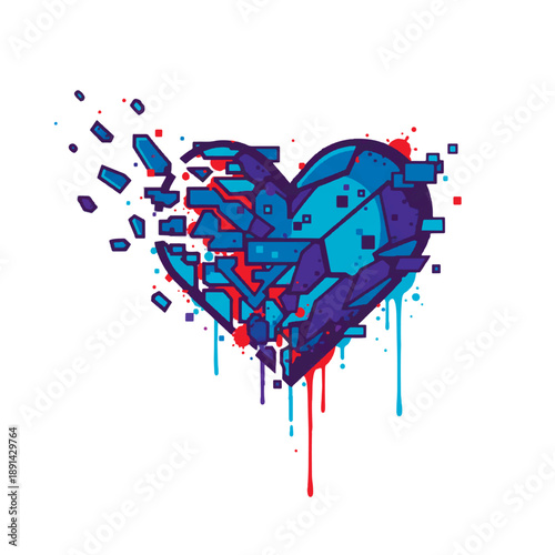Vector illustration of a breaking heart in a modern geometric style. With blue and purple crystalline fragments, digital glitches, and vibrant red paint drips in a contemporary urban art style.