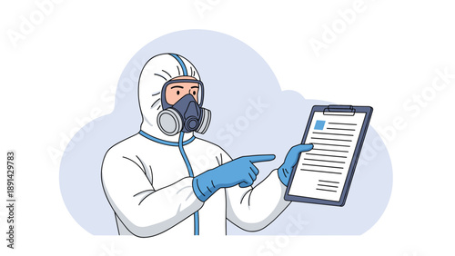 Medical professional in a white hazmat suit with a mask and goggles pointing at a document on a clipboard for safety.