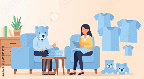 Anthropomorphic bear in therapy session with a woman, surrounded by teddy bears and shirts
