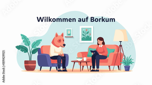 Anthropomorphic canine and woman in a cozy room