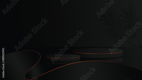 Black stage and podium background vector design. Luxury black background with stage and shape decoration. Suit for banner, backdrop, product template, and others