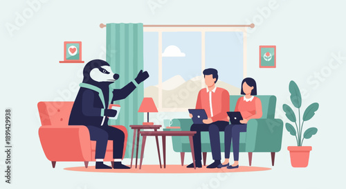 Anthropomorphic badger in suit discusses ideas with couple using laptops