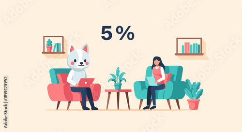 Anthropomorphic animal and person discuss finances on laptops