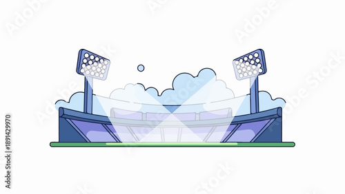 Animated stadium with floodlights and cloudy backdrop