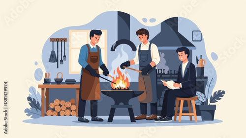 Blacksmiths work at forge with observer watching