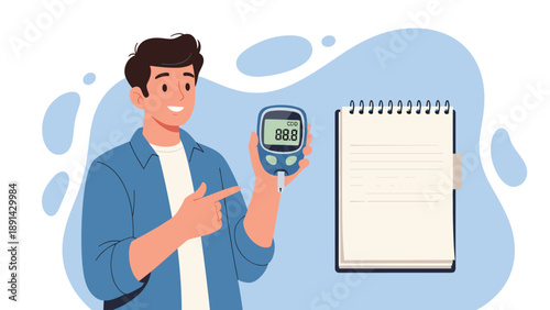 Smiling young man showing a digital glucometer next to a spiral notebook for recording daily blood sugar measurements.