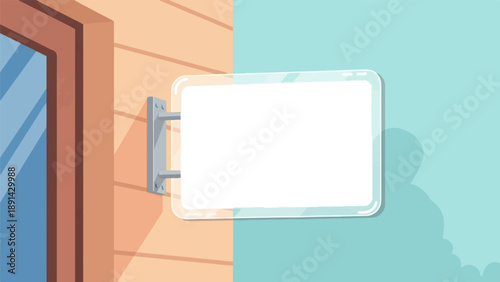 Blank sign attached to building exterior with glass door