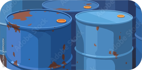 Blue metal barrels with rust spots, stacked closely together, with one showing a yellow lid