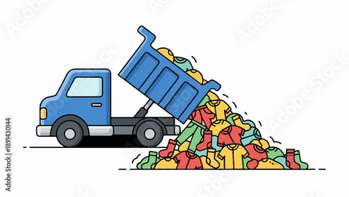 Blue truck dumping pile of colorful clothes and socks onto the ground