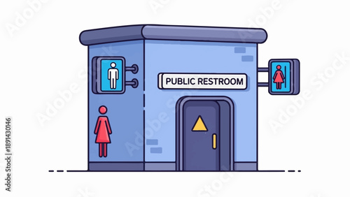 Blue public restroom building with signs for men and women