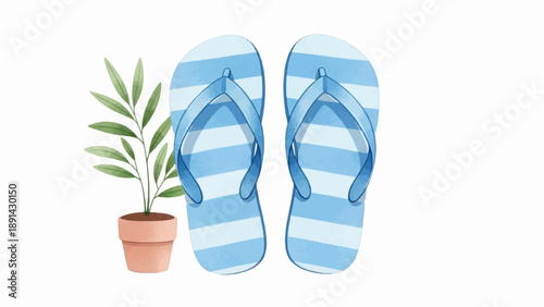 Blue striped flip-flops next to a potted plant
