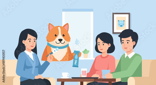 Animated cartoon of a family meeting with a corgi at home