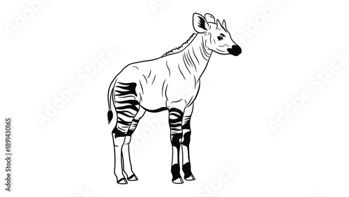 Okapi Outlined: A solitary Okapi rendered in clean lines stands gracefully, the unique blend of zebra stripes and equine form, presenting a beautiful illustration.