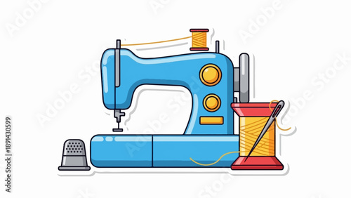 Bright blue sewing machine with thread, needle, and thimble