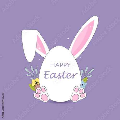 Easter egg with rabbit ears and paws and happy Easter text. Vector illustration in a flat style.