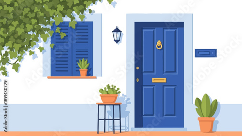 Bright blue front door with shuttered window and potted plants