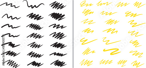 A collection of dynamic black and blue vector brush strokes featuring expressive zigzags, wavy lines, and jagged hand-drawn shapes perfect for adding rhythmic textures to digital designs.