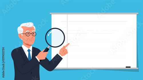 Distinguished older man in a suit holding a magnifying glass while pointing at a whiteboard for detailed analysis.