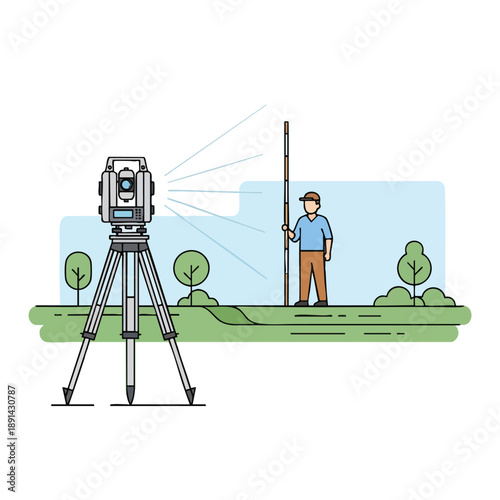 Surveyor with laser level on construction site