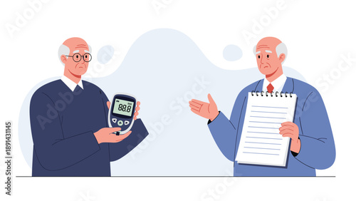 Two elderly men discussing health with one holding a glucometer and the other showing a notepad for tracking results.