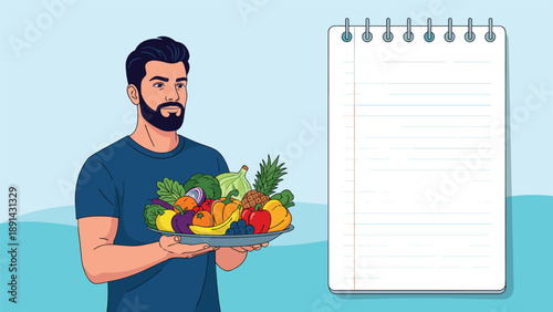 Bearded man holding a large tray filled with fresh colorful vegetables and fruits next to a blank spiral notebook.