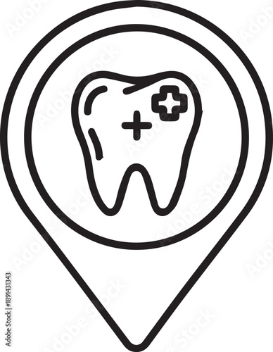 Dental clinic location pin icon vector illustration symbolizing dentist office, medical practice, and tooth care services for appointments and checkups