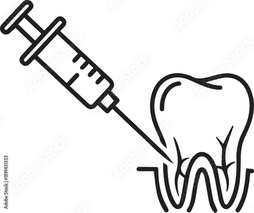 Dental syringe injecting anesthetic into tooth roots vector illustration representing dental anesthesia, pain relief, and dental procedures for patient comfort