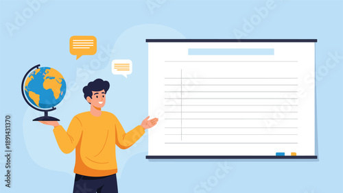 Smiling young man in a yellow sweater pointing at a whiteboard while holding a globe with speech bubbles for text.