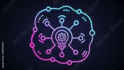 Futuristic neon brain with interconnected lightbulb and gear symbolizing AI innovation and network