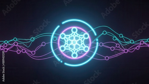 Dynamic Neon Data Network Flow with Central Quantum Core and Interconnected Energy Waves