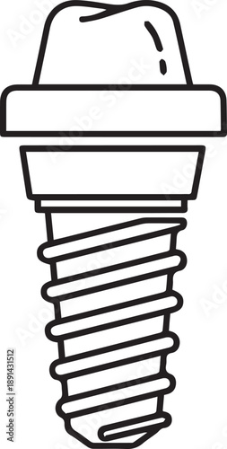 Dental implant screw with crown, outline drawing on transparent background, representing modern dentistry and prosthetic tooth replacement