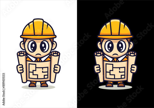 Young Architect Examining Blueprints in Office Environment, Illustration Style