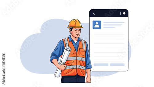 Professional construction worker holding architectural blueprints standing beside a mobile phone showing digital profile data.