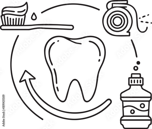 Oral hygiene routine vector illustration set includes toothbrush with toothpaste floss dental care and mouthwash for healthy teeth clean gums and fresh breath concept