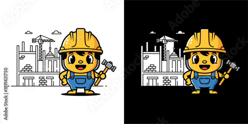 Construction Worker Character, Cartoon Style, Building Site, Illustration, Playful Environment, Front View, Fun Concept