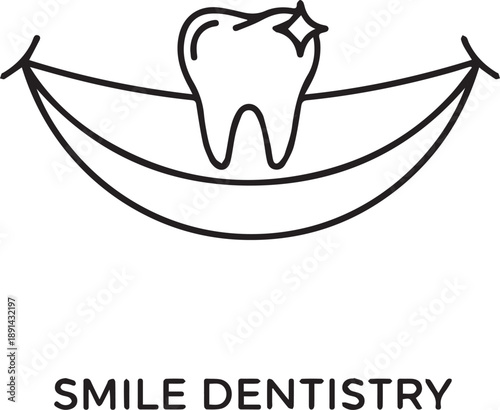 Smile dentistry logo design with shining tooth and lips icon line art vector illustration for dental clinic branding professional oral health care services and tooth whitening concept