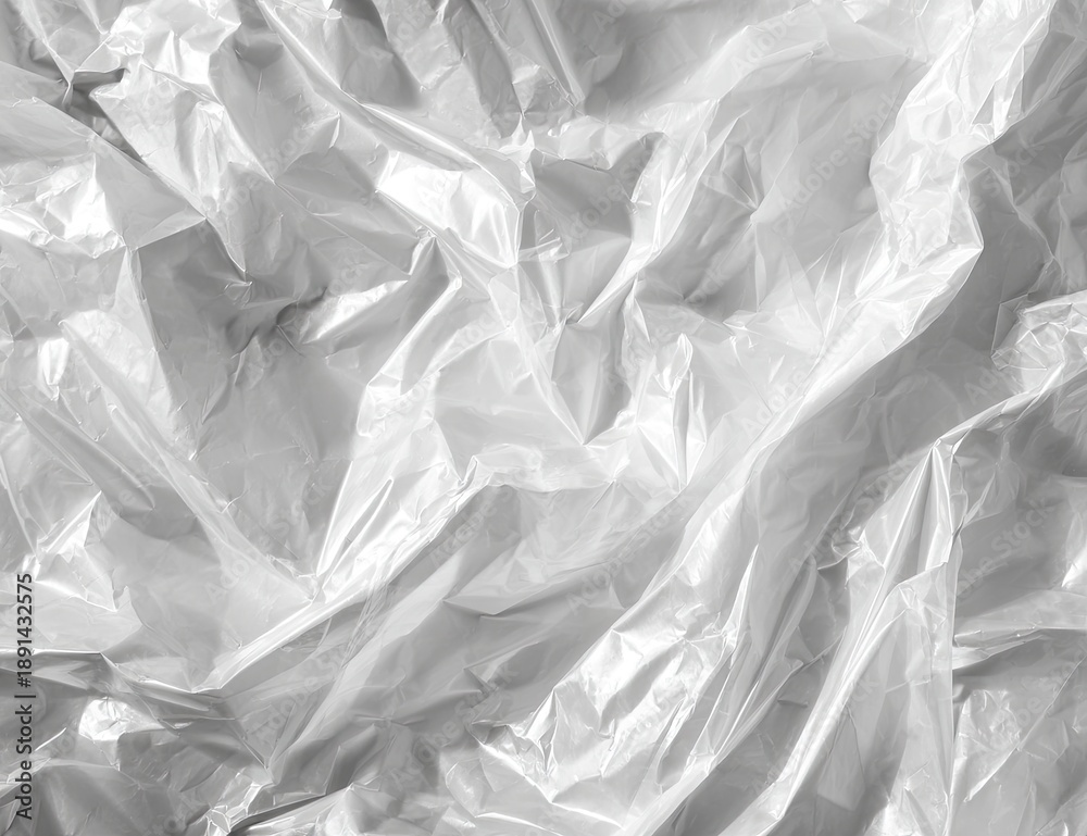 Obraz premium Crumpled, translucent white plastic creating textured, abstract patterns. Shadows and light create depth