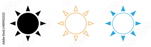 Three sun symbols in black orange and blue