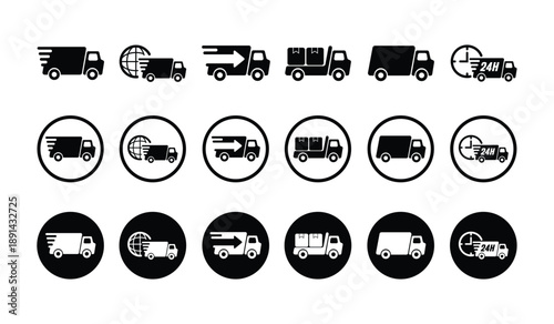 A comprehensive set of 18 delivery truck icons in flat black and white. Features express shipping, global logistics, and 24-hour service symbols in outline, circular, and solid badge styles.