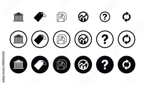 Minimalist black and white business icon set. Includes bank, price tag, save, growth chart, help, and refresh symbols in flat, circled, and inverted styles for web and app interface design.