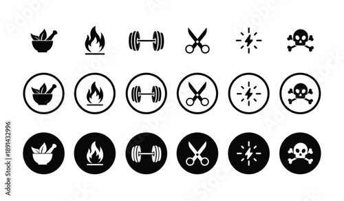 Versatile black and white icon set featuring health, safety, and lifestyle symbols. Includes mortar and pestle, fire, barbell, scissors, bolt, and skull in flat, circled, and badge styles.