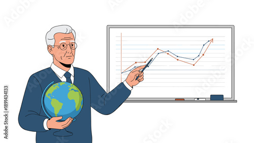 Senior professor holding globe and pointing to line chart on whiteboard during international business or geography lecture.
