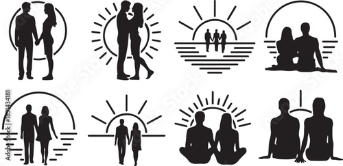 Collection of silhouette couple illustrations representing love romance togetherness and companionship isolated on transparent background .silhouette degin
