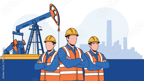 Team of three confident oil industry workers in safety gear standing before pump jack and city skyline for energy production.